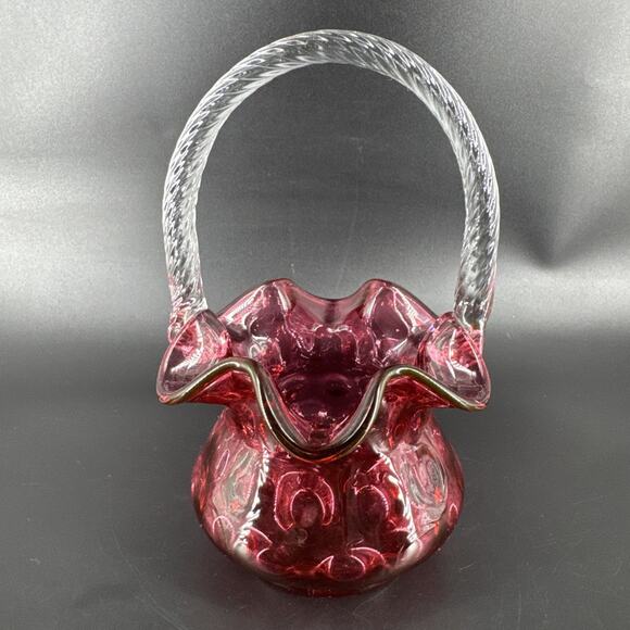 Fenton Cranberry Glass 8" Basket Clear Rope Handle Dots Pattern - Picture 1 of 12